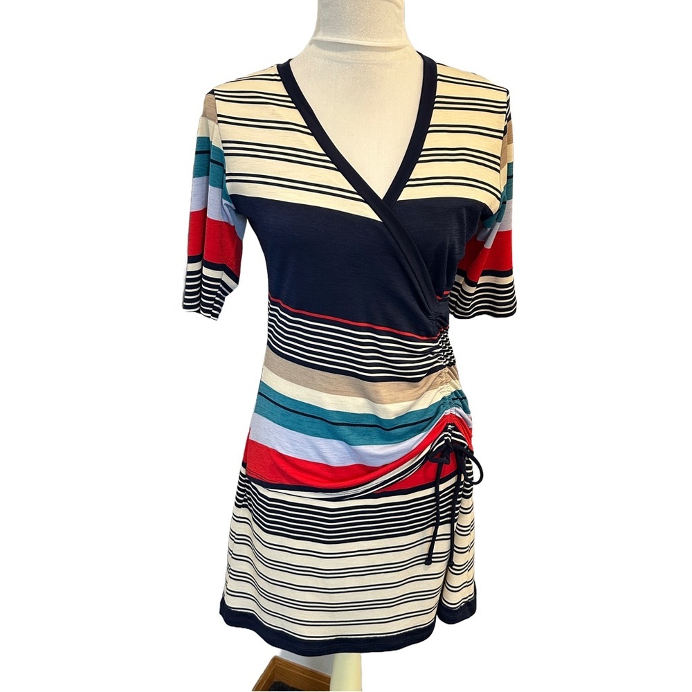 Vintage Multicolor Striped Knit Faux Wrap‎ Ruched Dress